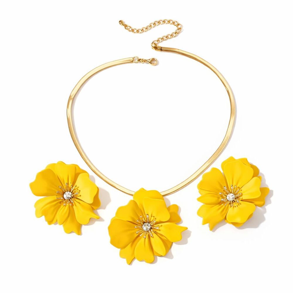 Yellow Flower Statement Necklace Earrings Set Gold Tone Floral Spring 15" - 18"
